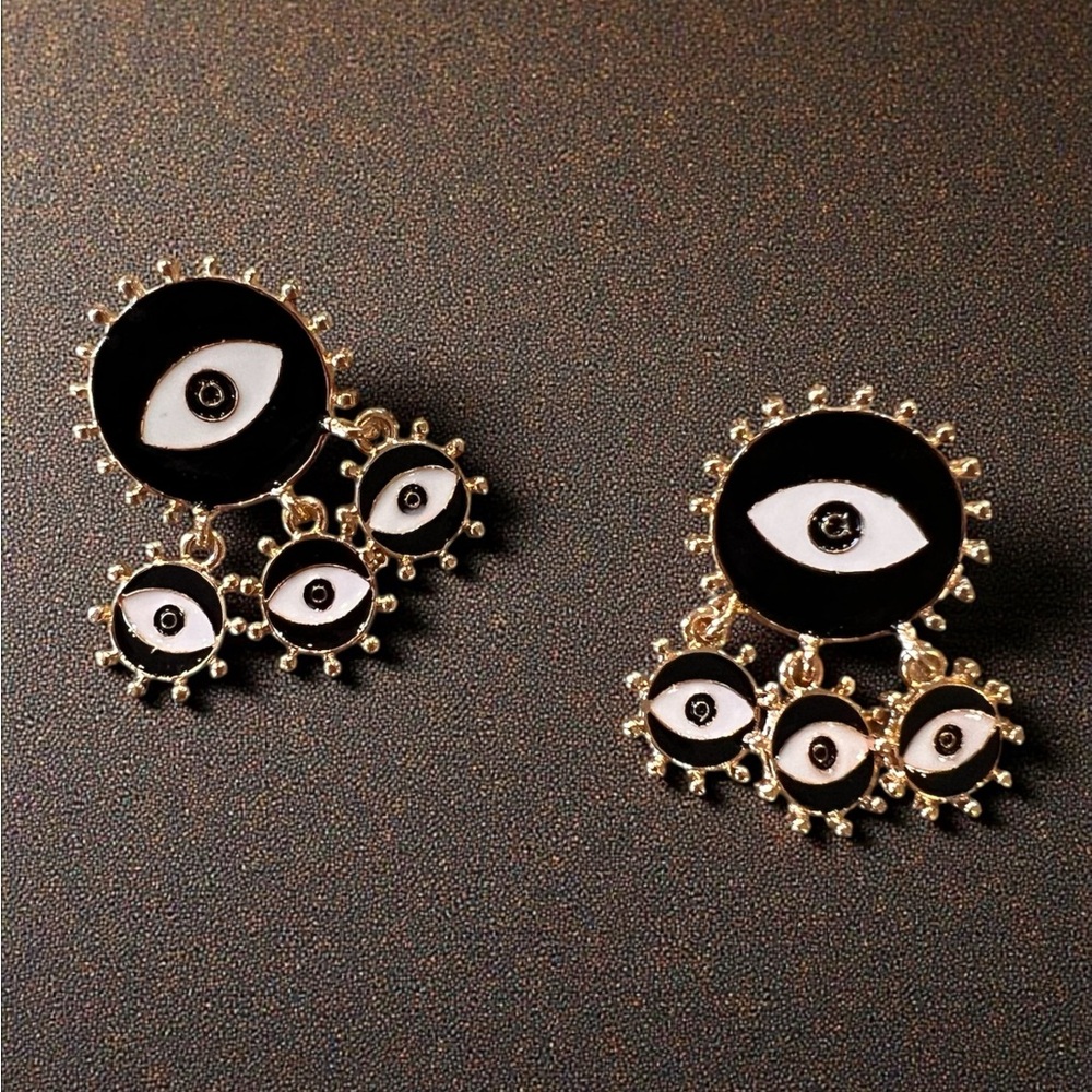 Chic Black and Gold Toned Evil Eye Dangling Earrings - Picture 3 of 17